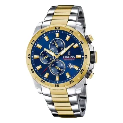 Clearance FESTINA Montre Timeless Chronograph Bleu cadran argenté fond bleu bracelet acier bicolore