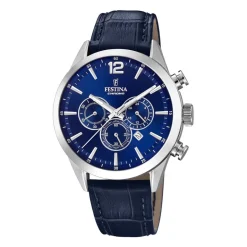Clearance FESTINA Montre Timeless Chronograph Bleu cadran argenté fond bleu bracelet cuir bleu