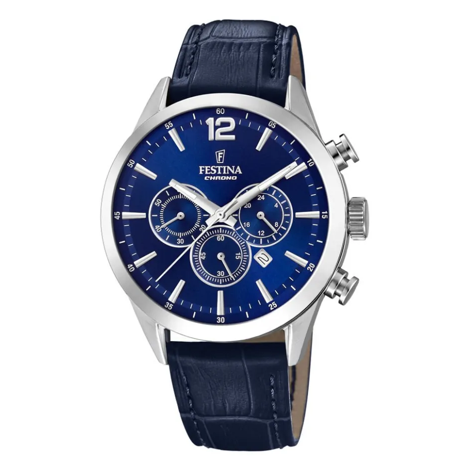 Clearance FESTINA Montre Timeless Chronograph Bleu cadran argenté fond bleu bracelet cuir bleu