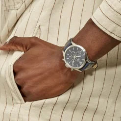 Clearance FESTINA Montre Timeless Chronograph Bleu cadran argenté fond bleu bracelet cuir bleu