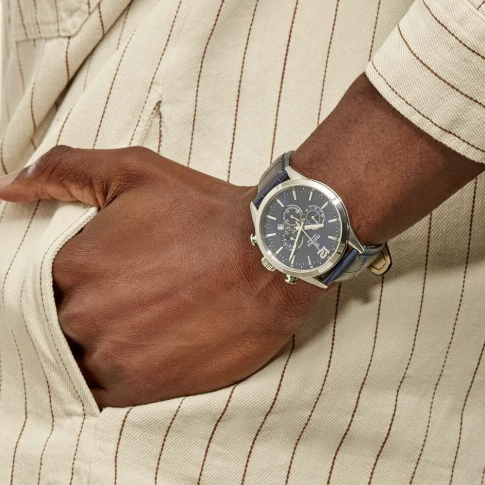 Clearance FESTINA Montre Timeless Chronograph Bleu cadran argenté fond bleu bracelet cuir bleu