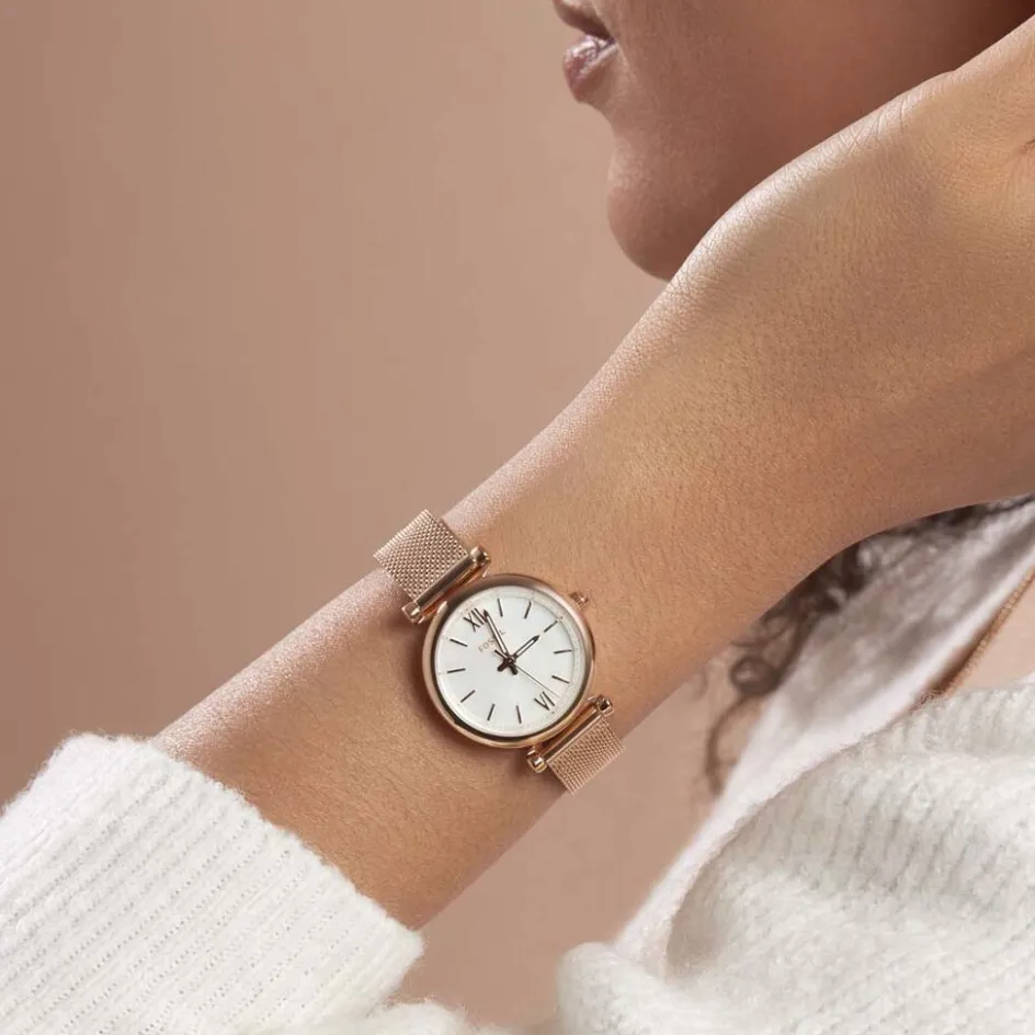 Discount FOSSIL Montre Carlie Mini Nacre cadran doré rose fond nacre bracelet acier doré rose