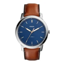 Outlet FOSSIL Montre Minimalist Bleu cadran argenté fond bleu bracelet cuir brun