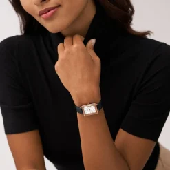 FOSSIL Montre Raquel Blanc cadran rose fond blanc bracelet cuir noir