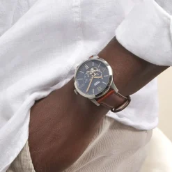 Best FOSSIL Montre Townsman Bleu cadran argenté fond bleu bracelet cuir brun