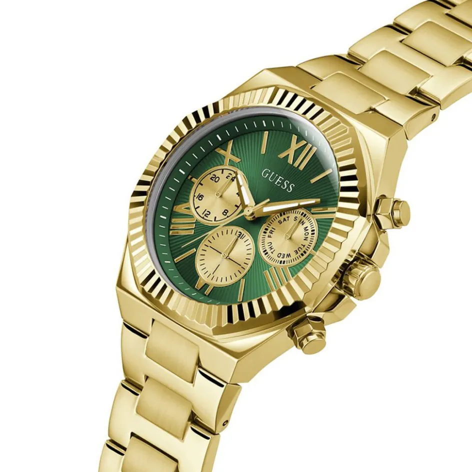 Online GUESS Montre Equity Vert cadran doré fond vert bracelet acier doré