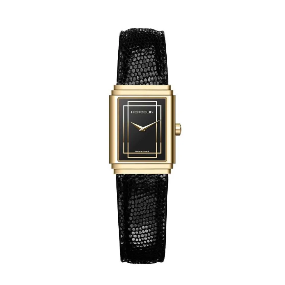 Best HERBELIN Montre Art Deco Noir cadran dore fond noir bracelet cuir noir