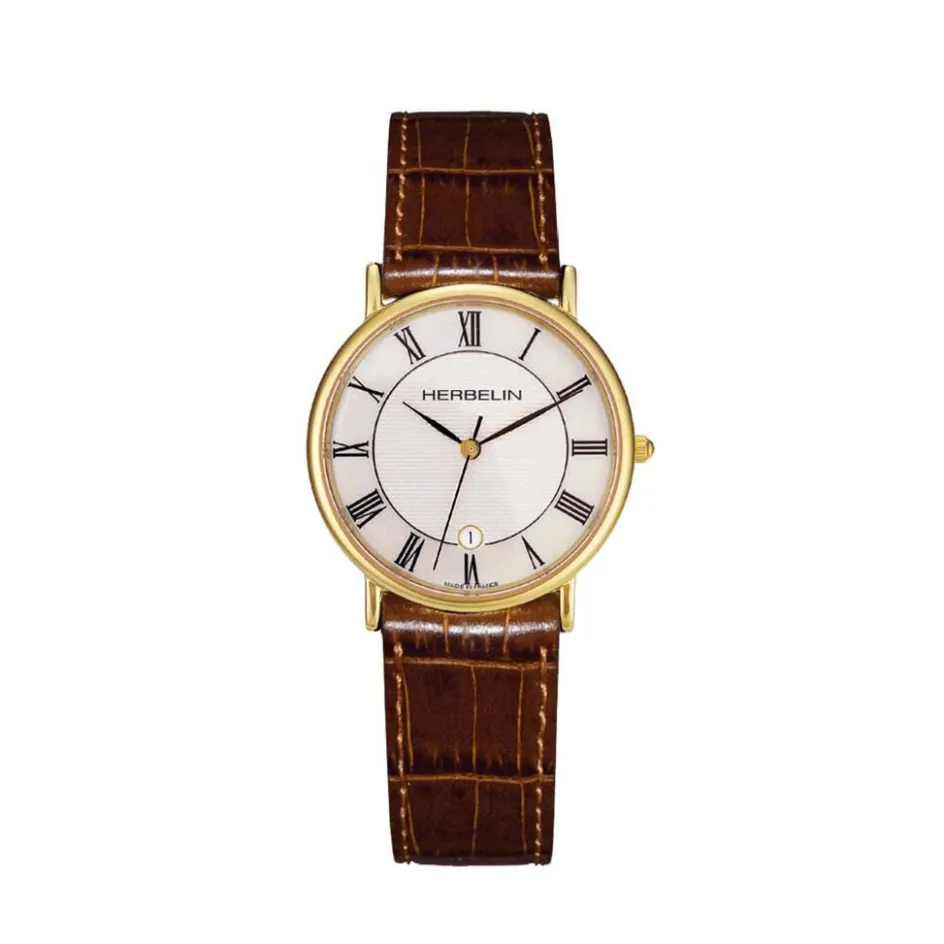 New HERBELIN Montre Classique Blanc cadran doré fond blanc bracelet cuir marron