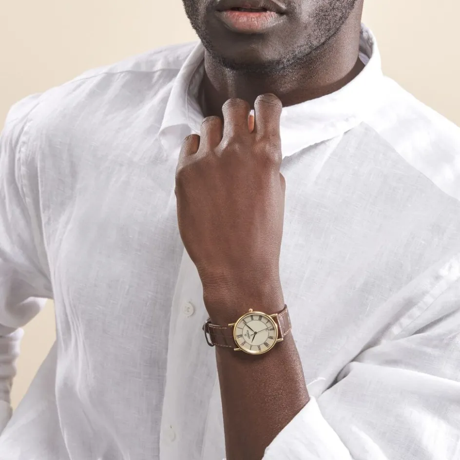 New HERBELIN Montre Classique Blanc cadran doré fond blanc bracelet cuir marron