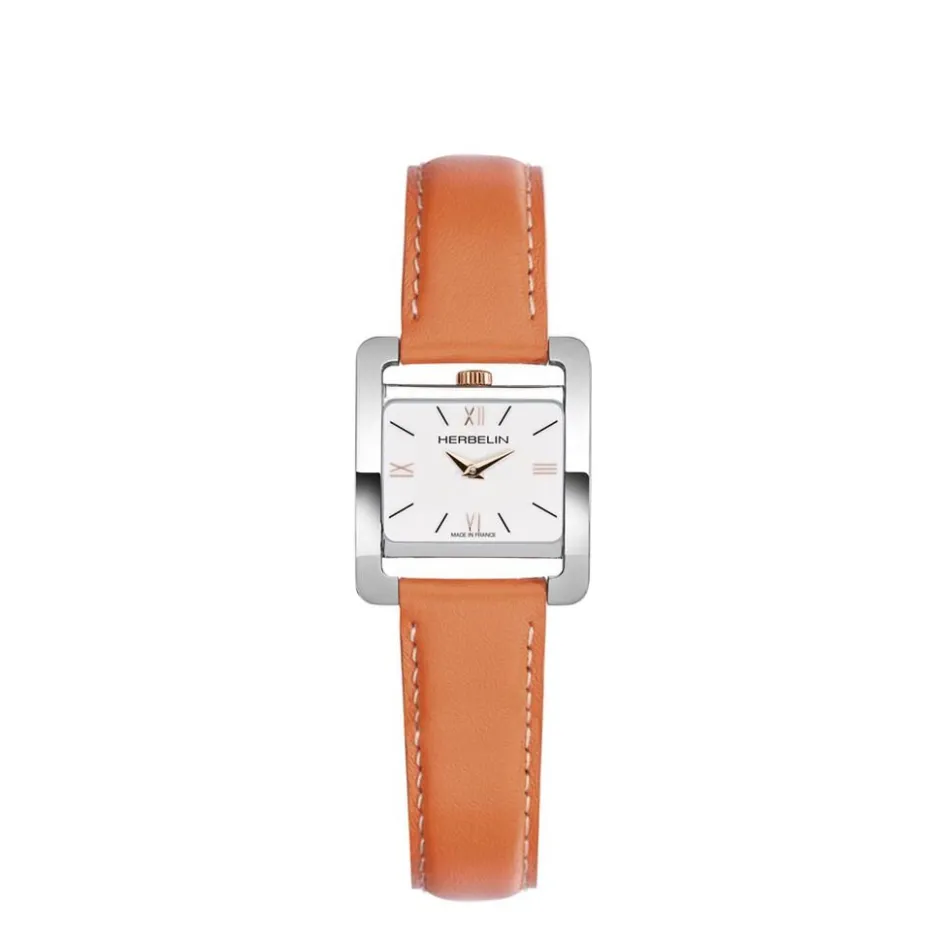 HERBELIN Montre 5Eme Avenue Blanc cadran argenté fond blanc bracelet cuir orange