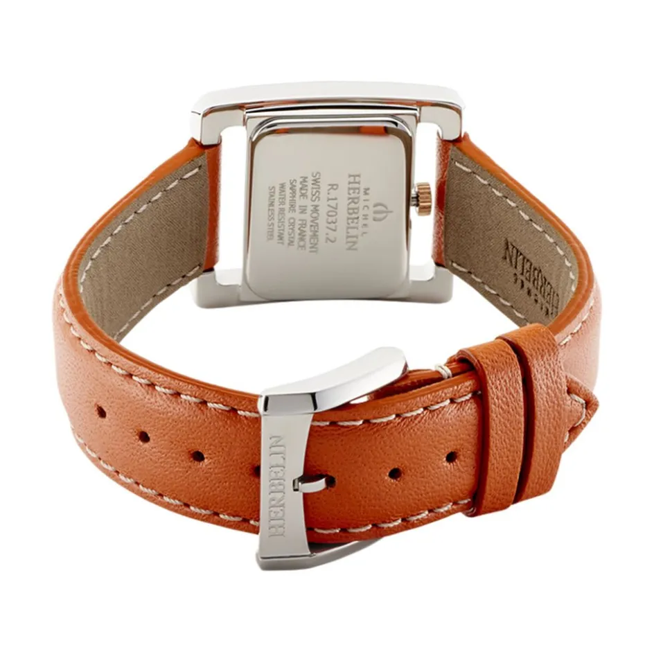 HERBELIN Montre 5Eme Avenue Blanc cadran argenté fond blanc bracelet cuir orange