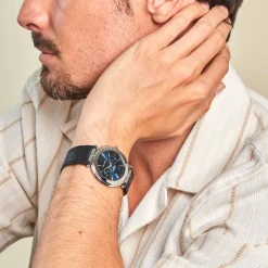 Best HERBELIN Montre Newport Slim Bleu cadran argenté fond bleu bracelet cuir noir