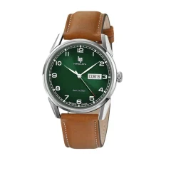 Hot LIP Montre Himalaya 40 Vert cadran argenté fond vert bracelet cuir de vache marron