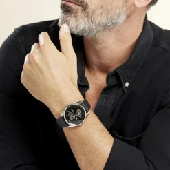 Best LIP Montre Himalaya Sablier 40 Noir cadran argenté fond noir bracelet cuir noir