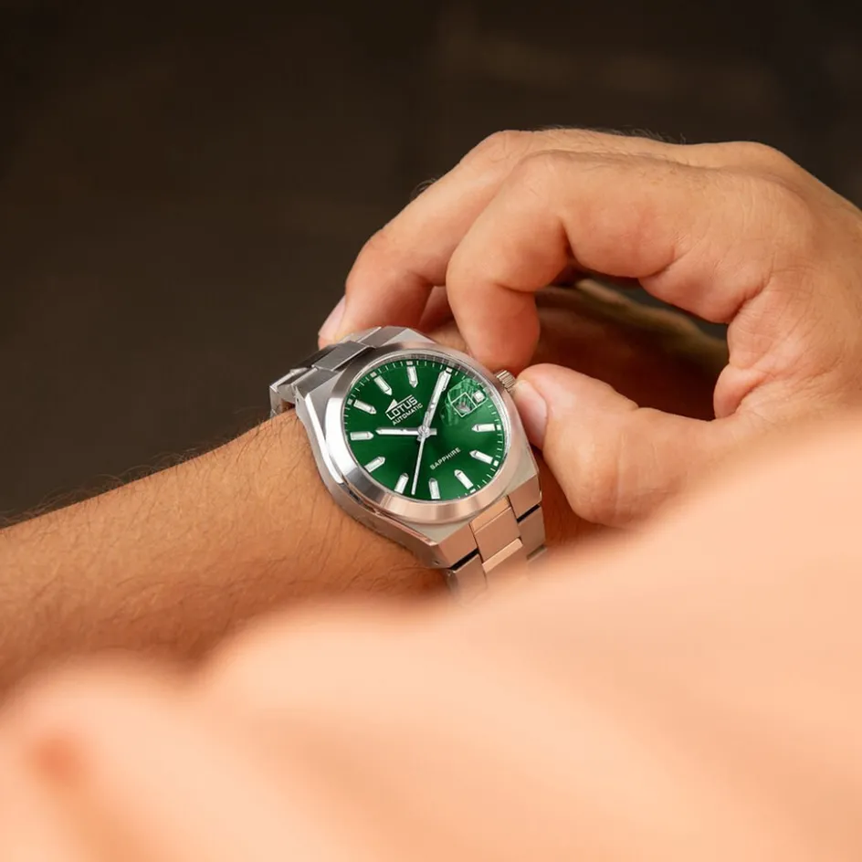 Discount LOTUS Montre Automatico Vert cadran argenté fond vert bracelet acier argenté