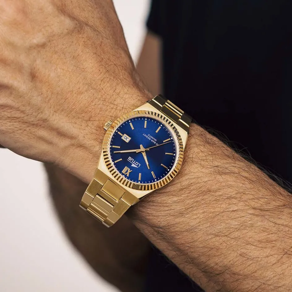 New LOTUS Montre Freedom Collection Bleu cadran doré fond bleu bracelet acier doré