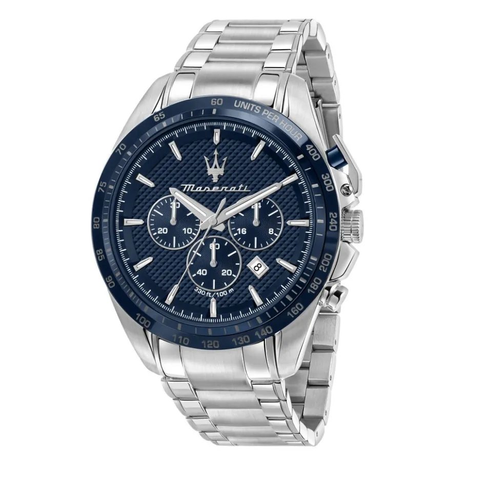 Discount MASERATI Montre Traguardo Bleu cadran argenté fond bleu bracelet acier argenté