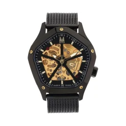 Outlet MONTIGNAC Montre Geometric Automatique Doré cadran noir fond doré bracelet acier noir