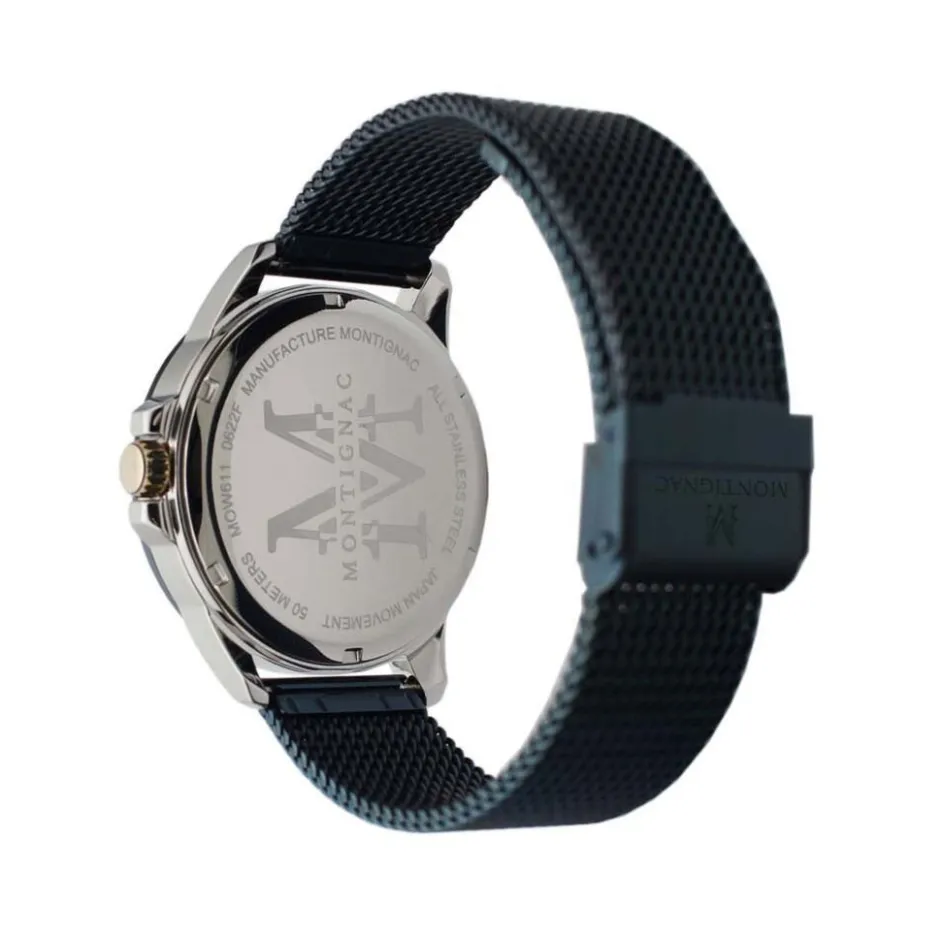 Sale MONTIGNAC Montre Round Bleu cadran argente fond bleu bracelet acier bleu