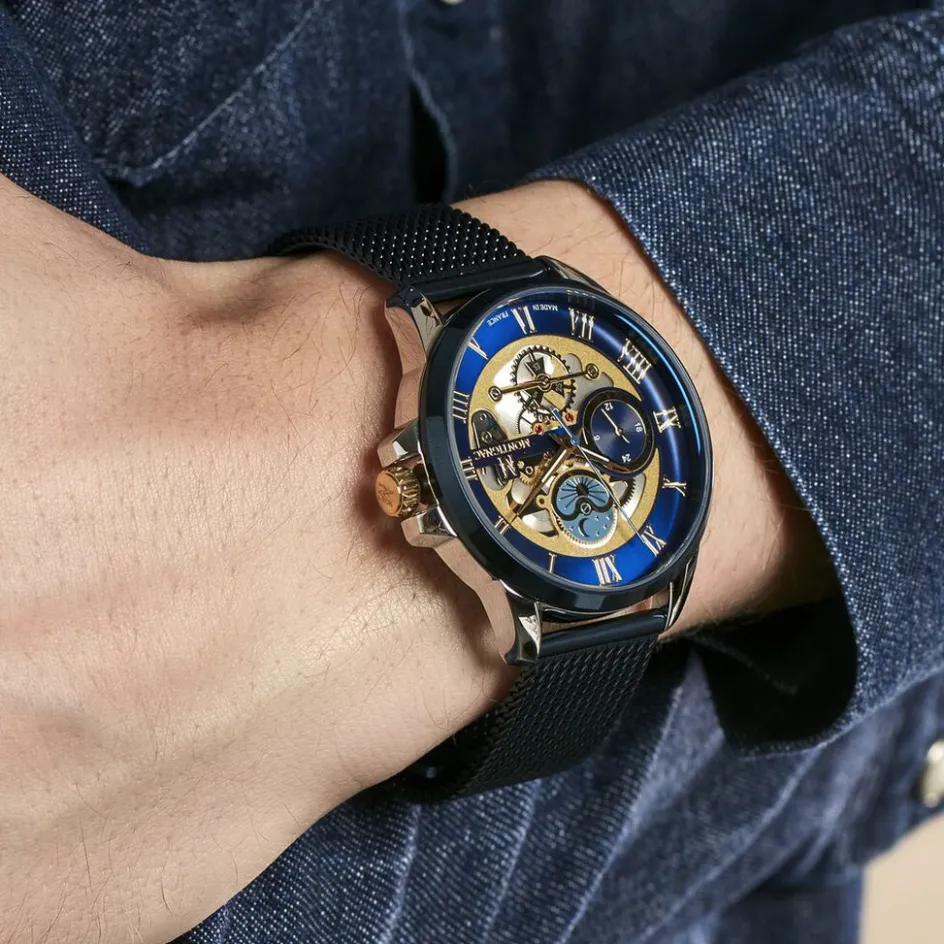 Sale MONTIGNAC Montre Round Bleu cadran argente fond bleu bracelet acier bleu