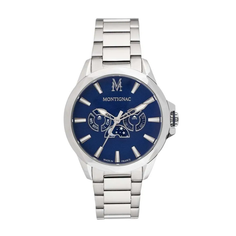 Hot MONTIGNAC Montre Round Multifonction Bleu cadran argenté fond bleu bracelet acier argenté