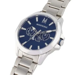 Hot MONTIGNAC Montre Round Multifonction Bleu cadran argenté fond bleu bracelet acier argenté