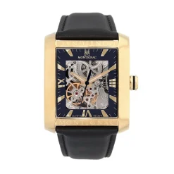 Best MONTIGNAC Montre Square Automatique Noir cadran doré fond noir bracelet cuir de vache noir