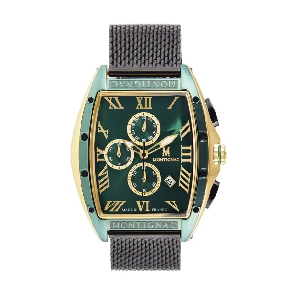 Best MONTIGNAC Montre Tonneau Vert cadran doré fond vert bracelet acier noir