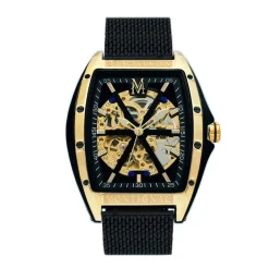 Online MONTIGNAC Montre Tonneau Automatique Noir cadran doré fond noir bracelet acier noir