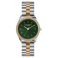 Sale OLIVIA BURTON Montre Bejewelled Vert cadran doré fond vert bracelet acier bicolore