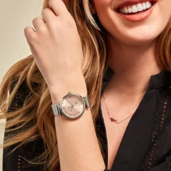 Clearance OLIVIA BURTON Montre Minima Bee Rose cadran argenté fond rose bracelet acier blanc