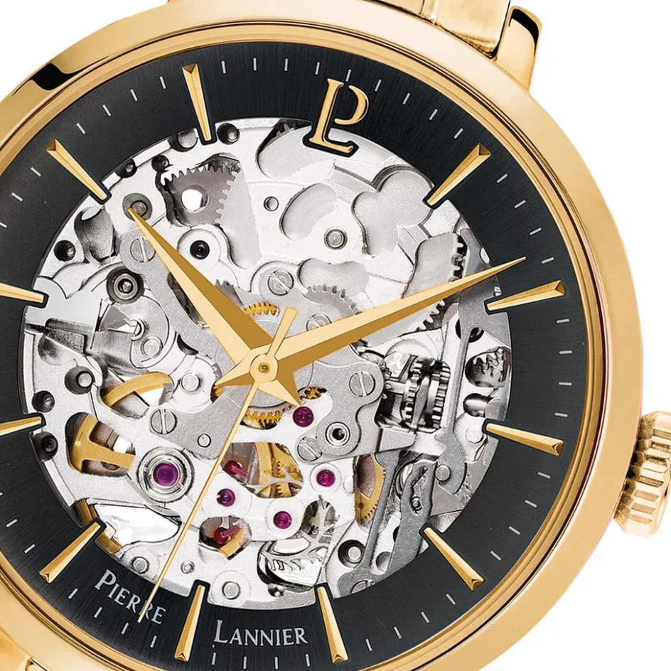 Clearance PIERRE LANNIER Montre Automatique 35 Noir cadran doré fond noir bracelet acier doré