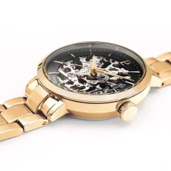 Clearance PIERRE LANNIER Montre Automatique 35 Noir cadran doré fond noir bracelet acier doré