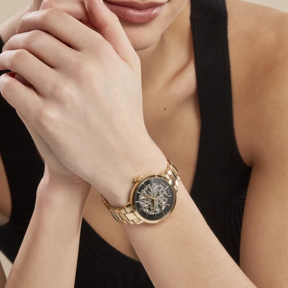 Clearance PIERRE LANNIER Montre Automatique 35 Noir cadran doré fond noir bracelet acier doré