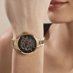 Clearance PIERRE LANNIER Montre Automatique 35 Noir cadran doré fond noir bracelet acier doré