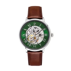 Hot PIERRE LANNIER Montre Automatique 42 Vert cadran argenté fond vert bracelet cuir de vache marron