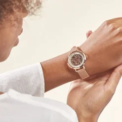 Hot PIERRE LANNIER Montre Automatique 35 Argent cadran doré rose fond argenté bracelet acier doré rose