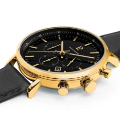 New PIERRE LANNIER Montre Baron Noir cadran doré fond noir bracelet cuir noir