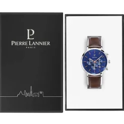 Clearance PIERRE LANNIER Montre Baron Bleu cadran argenté fond bleu bracelet cuir brun