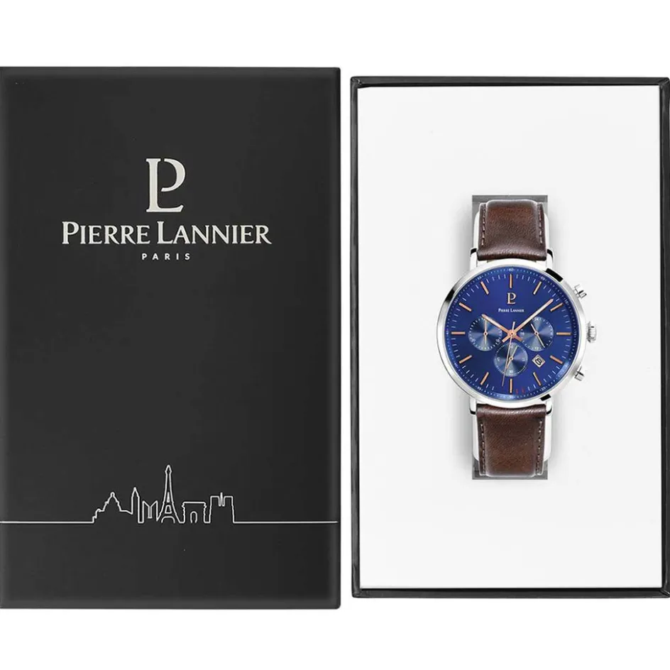 Clearance PIERRE LANNIER Montre Baron Bleu cadran argenté fond bleu bracelet cuir brun