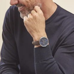 Clearance PIERRE LANNIER Montre Baron Bleu cadran argenté fond bleu bracelet cuir brun