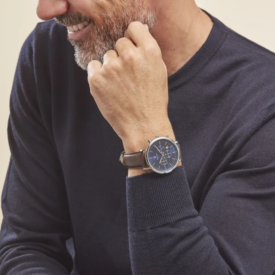 Clearance PIERRE LANNIER Montre Baron Bleu cadran argenté fond bleu bracelet cuir brun