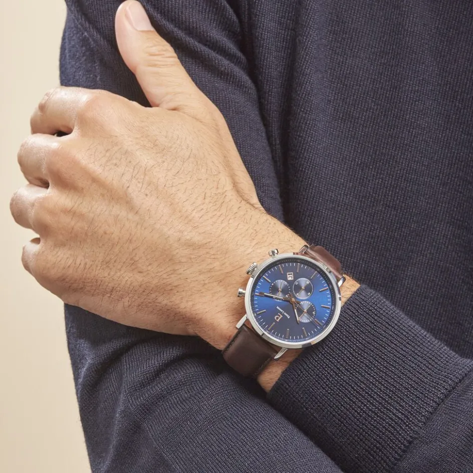 Clearance PIERRE LANNIER Montre Baron Bleu cadran argenté fond bleu bracelet cuir brun