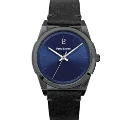 Online PIERRE LANNIER Montre Candide Bleu cadran noir fond bleu bracelet cuir noir