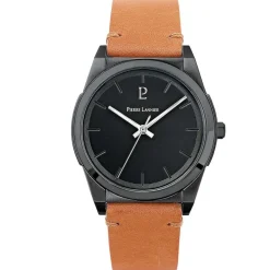 Online PIERRE LANNIER Montre Candide Noir cadran noir fond noir bracelet cuir camel