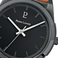 Online PIERRE LANNIER Montre Candide Noir cadran noir fond noir bracelet cuir camel