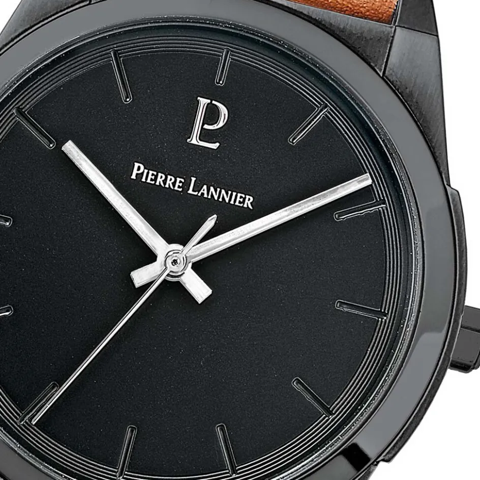 Online PIERRE LANNIER Montre Candide Noir cadran noir fond noir bracelet cuir camel