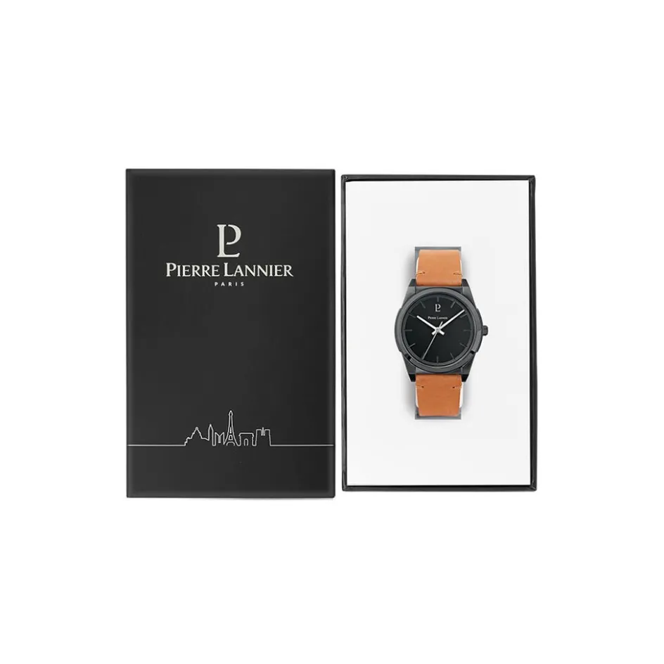 Online PIERRE LANNIER Montre Candide Noir cadran noir fond noir bracelet cuir camel