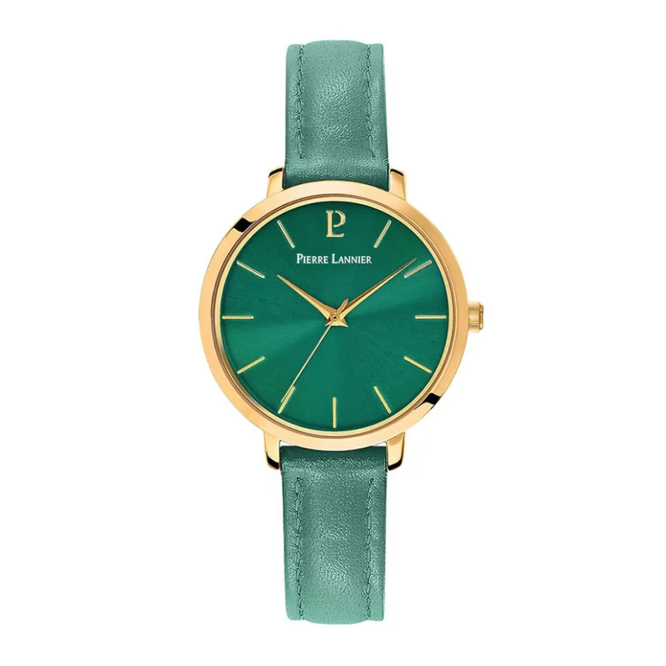 Outlet PIERRE LANNIER Montre Chouquette Vert cadran doré fond vert bracelet cuir vert