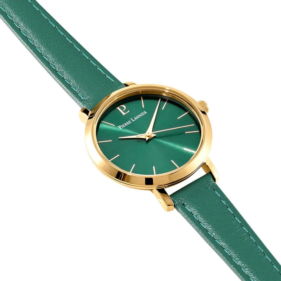 Outlet PIERRE LANNIER Montre Chouquette Vert cadran doré fond vert bracelet cuir vert